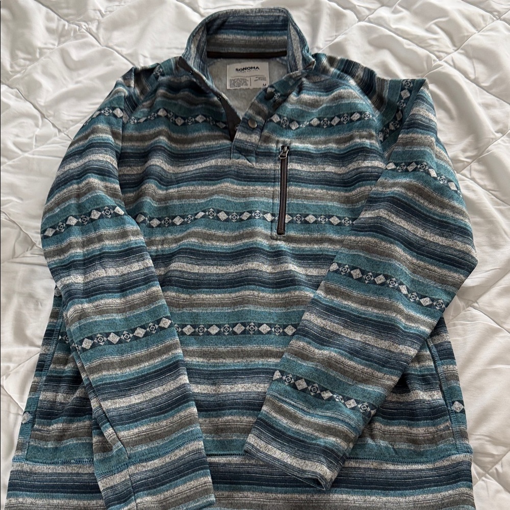 Sonoma Men's Blue and Gray Striped Zip-Up Sweater